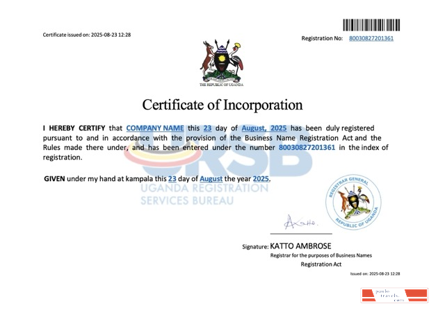 Uganda company incorporation certificate Word and PDF template
